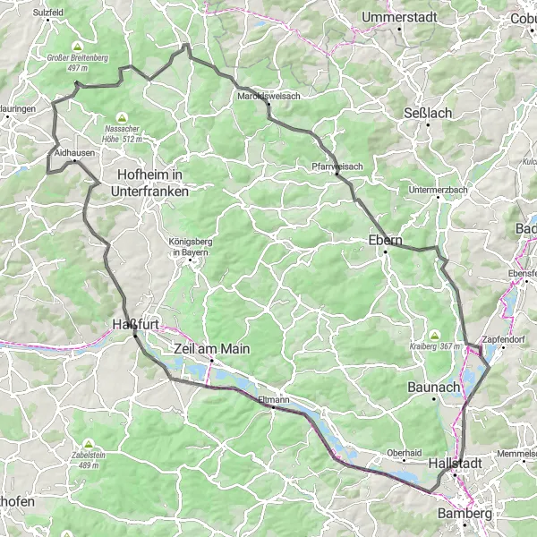 Map miniature of "Grand Tour of Main-Sand" cycling inspiration in Unterfranken, Germany. Generated by Tarmacs.app cycling route planner