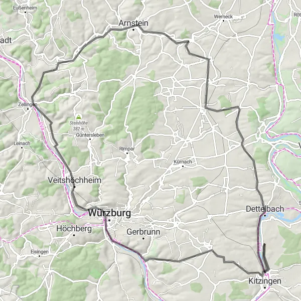 Map miniature of "Riverside Discovery" cycling inspiration in Unterfranken, Germany. Generated by Tarmacs.app cycling route planner