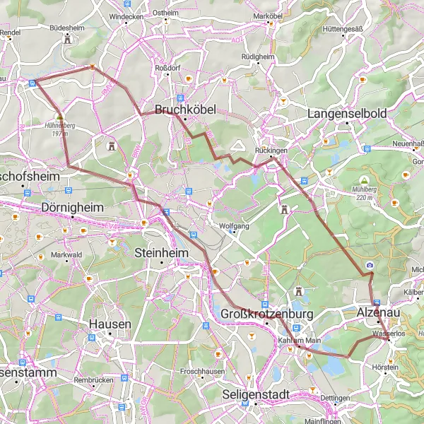 Map miniature of "Kahl am Main and Aussichtspunkt Wasserbüffel Gravel Route" cycling inspiration in Unterfranken, Germany. Generated by Tarmacs.app cycling route planner