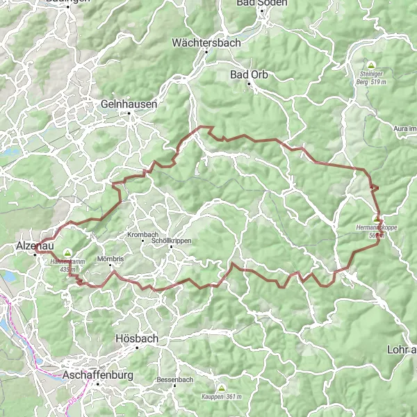 Karten-Miniaturansicht der Radinspiration "Herausfordernde Gravel-Tour durch den Spessart und Main-Kinzig-Kreis" in Unterfranken, Germany. Erstellt vom Tarmacs.app-Routenplaner für Radtouren
