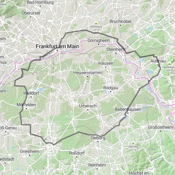 Map miniature of "Adamsruh Wasserlos and Frankfurt Road Route" cycling inspiration in Unterfranken, Germany. Generated by Tarmacs.app cycling route planner