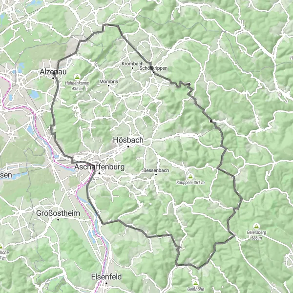 Map miniature of "Alzenau and Schwarzkopf Road Route" cycling inspiration in Unterfranken, Germany. Generated by Tarmacs.app cycling route planner