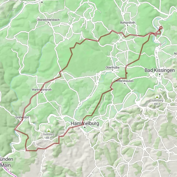 Map miniature of "Exploring Aschach and Hammelburg" cycling inspiration in Unterfranken, Germany. Generated by Tarmacs.app cycling route planner