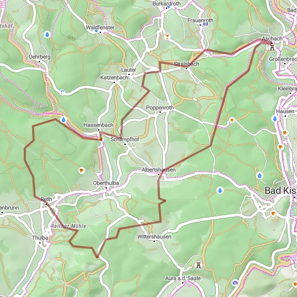 Map miniature of "Aschach Gravel Adventure" cycling inspiration in Unterfranken, Germany. Generated by Tarmacs.app cycling route planner