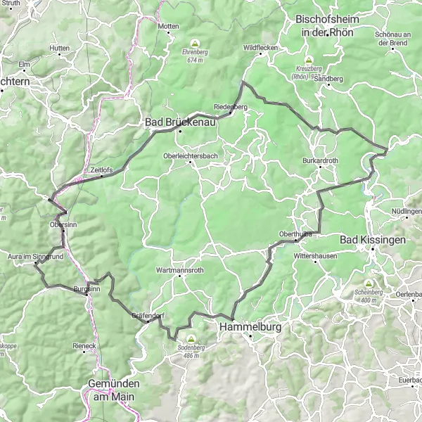Map miniature of "Oberthulba and Aura in Sinngrund Circuit" cycling inspiration in Unterfranken, Germany. Generated by Tarmacs.app cycling route planner