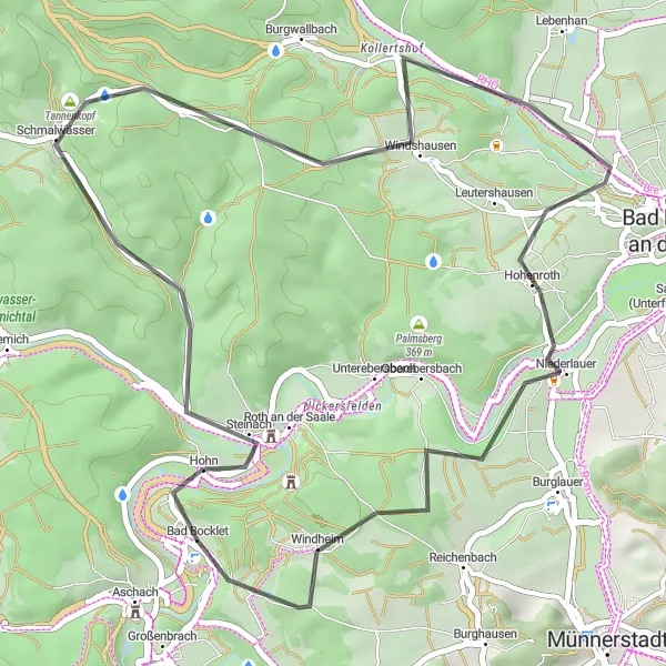 Karten-Miniaturansicht der Radinspiration "Rundtour von Bad Bocklet nach Hohn" in Unterfranken, Germany. Erstellt vom Tarmacs.app-Routenplaner für Radtouren