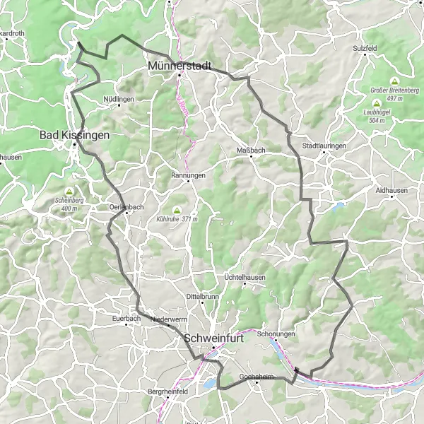 Map miniature of "The Main River Loop" cycling inspiration in Unterfranken, Germany. Generated by Tarmacs.app cycling route planner