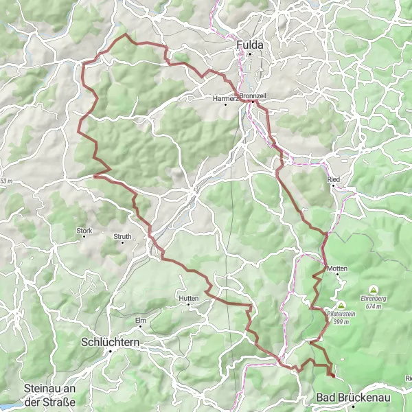Map miniature of "Challenging Gravel Ride through Bad Brückenau" cycling inspiration in Unterfranken, Germany. Generated by Tarmacs.app cycling route planner