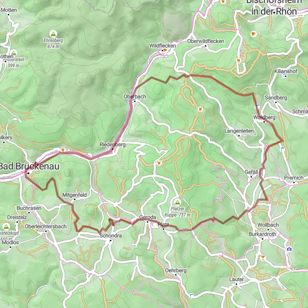 Map miniature of "Gravel Adventure to Bad Brückenau" cycling inspiration in Unterfranken, Germany. Generated by Tarmacs.app cycling route planner