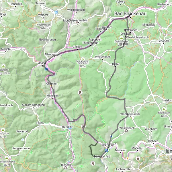 Map miniature of "Scenic Road Ride to Bad Brückenau" cycling inspiration in Unterfranken, Germany. Generated by Tarmacs.app cycling route planner