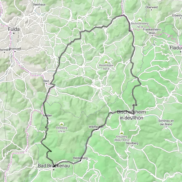 Map miniature of "Ultimate Road Cycling Challenge: Bad Brückenau to Wildflecken" cycling inspiration in Unterfranken, Germany. Generated by Tarmacs.app cycling route planner