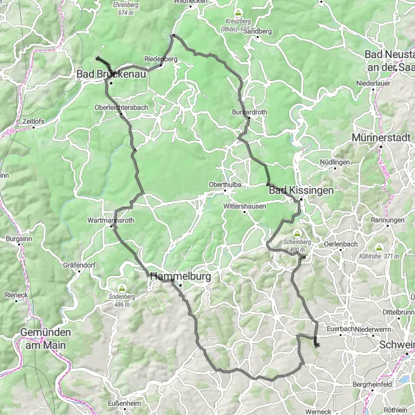 Map miniature of "Unterfranken Road Cycling" cycling inspiration in Unterfranken, Germany. Generated by Tarmacs.app cycling route planner