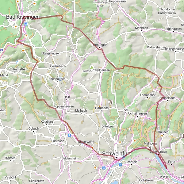 Map miniature of "Scenic Gravel Ride" cycling inspiration in Unterfranken, Germany. Generated by Tarmacs.app cycling route planner