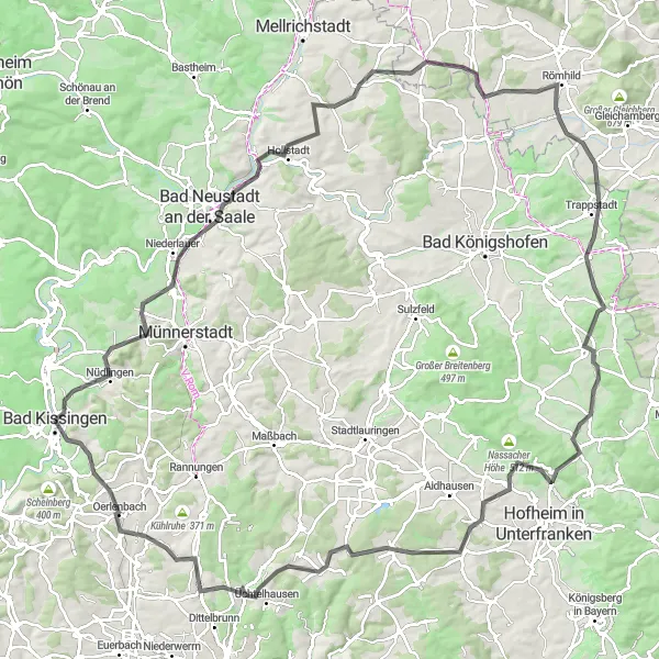 Map miniature of "The Savage Hills of Bad Kissingen" cycling inspiration in Unterfranken, Germany. Generated by Tarmacs.app cycling route planner