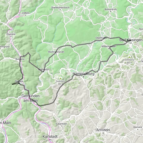 Map miniature of "Einmalberg Challenge" cycling inspiration in Unterfranken, Germany. Generated by Tarmacs.app cycling route planner