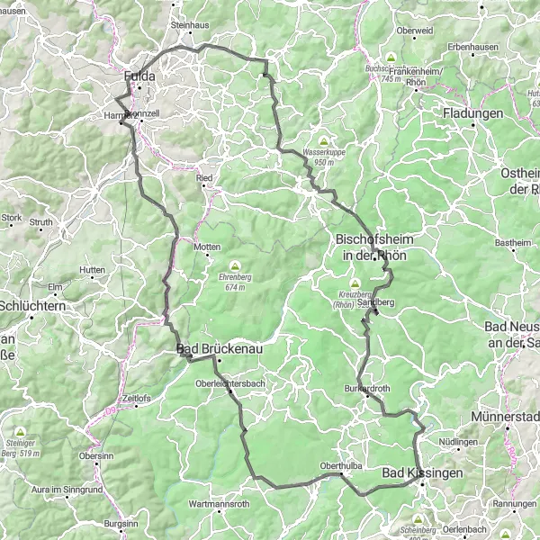 Map miniature of "Rhön Loop" cycling inspiration in Unterfranken, Germany. Generated by Tarmacs.app cycling route planner