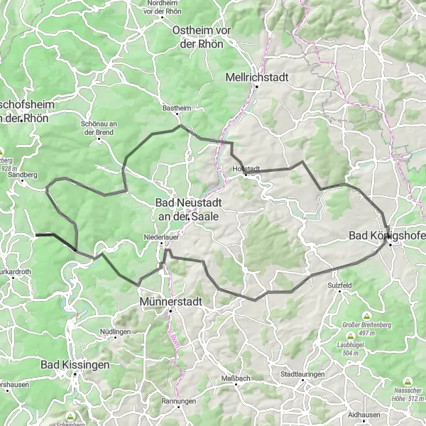 Map miniature of "Scenic Road Ride" cycling inspiration in Unterfranken, Germany. Generated by Tarmacs.app cycling route planner