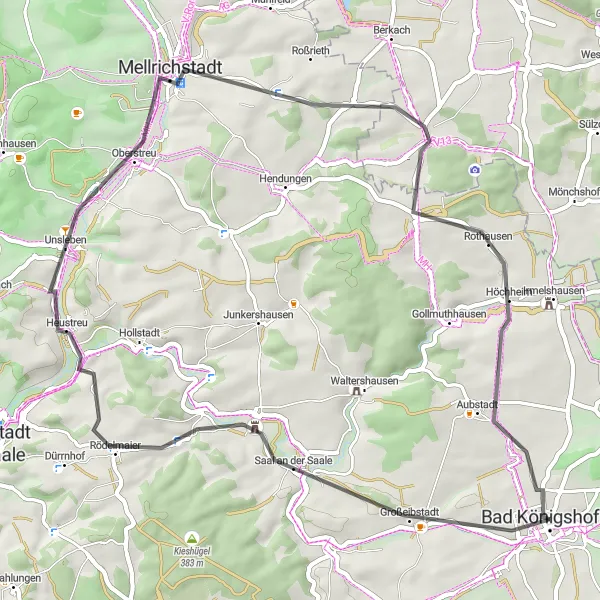 Map miniature of "The Road to Great Villages" cycling inspiration in Unterfranken, Germany. Generated by Tarmacs.app cycling route planner