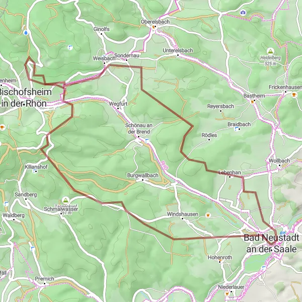 Karten-Miniaturansicht der Radinspiration "Gravel-Abenteuer rund um Bad Neustadt" in Unterfranken, Germany. Erstellt vom Tarmacs.app-Routenplaner für Radtouren
