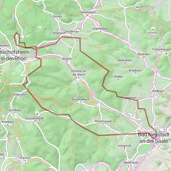 Map miniature of "Through Gravel and Nature" cycling inspiration in Unterfranken, Germany. Generated by Tarmacs.app cycling route planner