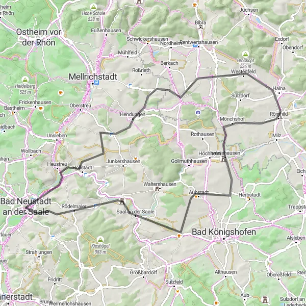 Map miniature of "Hills and Castles" cycling inspiration in Unterfranken, Germany. Generated by Tarmacs.app cycling route planner