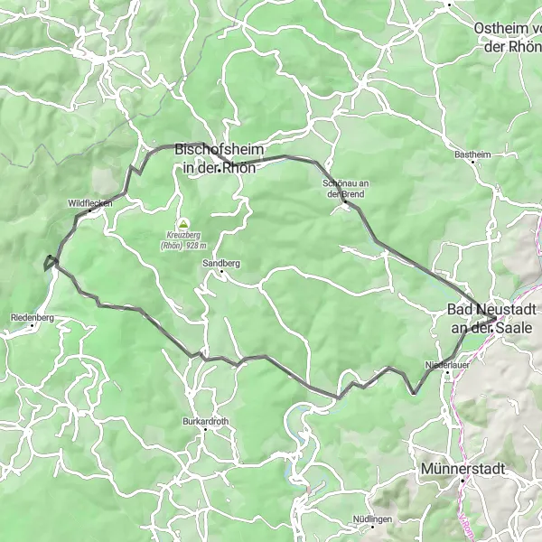 Map miniature of "The Rhön Rollercoaster" cycling inspiration in Unterfranken, Germany. Generated by Tarmacs.app cycling route planner