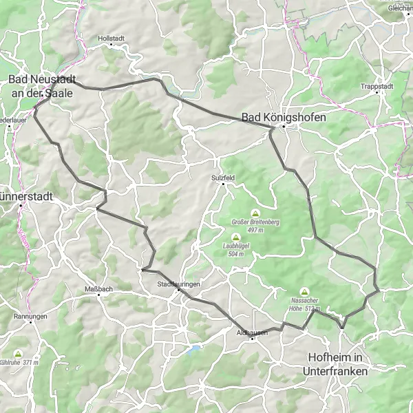 Map miniature of "Hills of Unterfranken" cycling inspiration in Unterfranken, Germany. Generated by Tarmacs.app cycling route planner