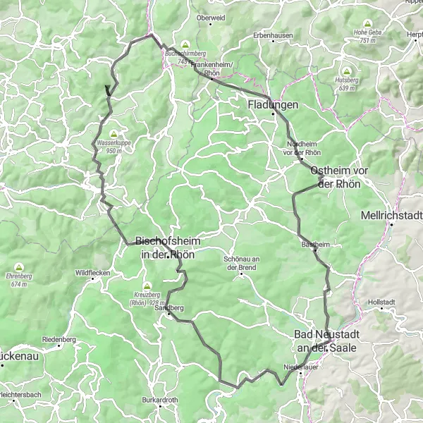 Map miniature of "Rhön Adventure Challenge" cycling inspiration in Unterfranken, Germany. Generated by Tarmacs.app cycling route planner