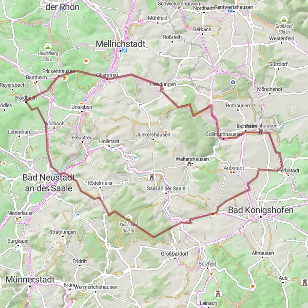 Map miniature of "Rhön Gravel Adventure" cycling inspiration in Unterfranken, Germany. Generated by Tarmacs.app cycling route planner