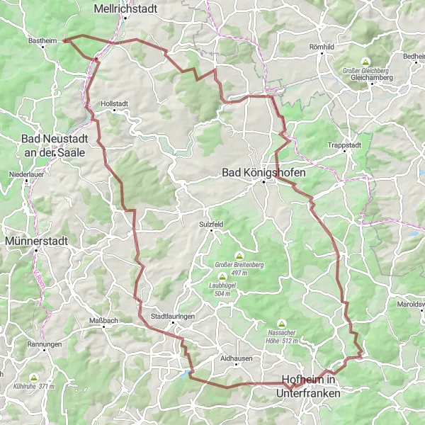 Map miniature of "Unterfranken Gravel Odyssey" cycling inspiration in Unterfranken, Germany. Generated by Tarmacs.app cycling route planner