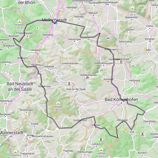 Map miniature of "Bastheim to Rehberg Loop" cycling inspiration in Unterfranken, Germany. Generated by Tarmacs.app cycling route planner