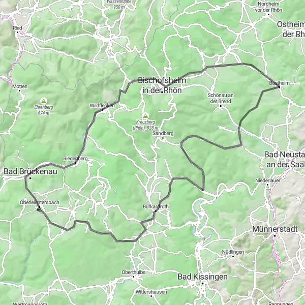 Map miniature of "Ultimate Rhön Challenge" cycling inspiration in Unterfranken, Germany. Generated by Tarmacs.app cycling route planner