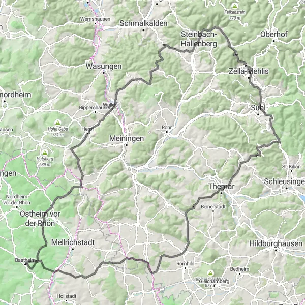 Map miniature of "Rhön Mountains Loop" cycling inspiration in Unterfranken, Germany. Generated by Tarmacs.app cycling route planner