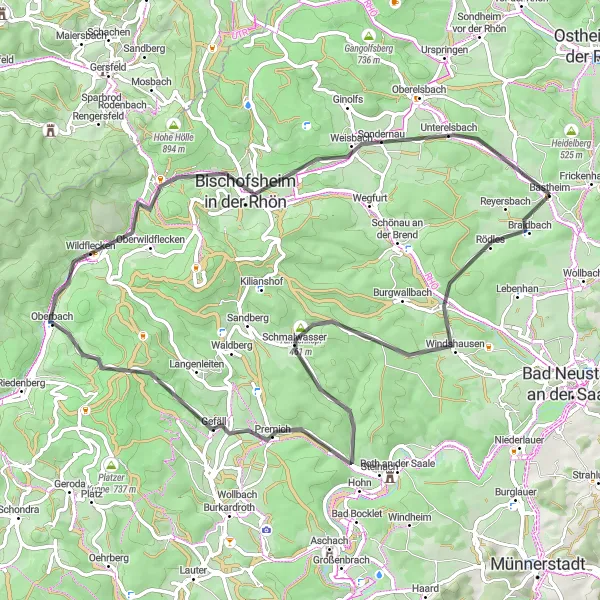 Map miniature of "Rhön Forest Loop" cycling inspiration in Unterfranken, Germany. Generated by Tarmacs.app cycling route planner