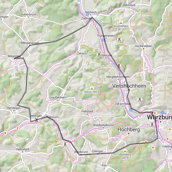 Karten-Miniaturansicht der Radinspiration "Tour durch Thüngersheim und Würzburg" in Unterfranken, Germany. Erstellt vom Tarmacs.app-Routenplaner für Radtouren