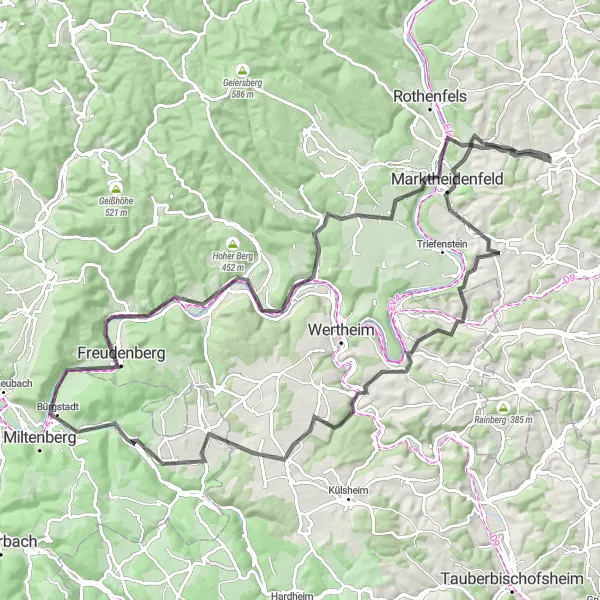 Karten-Miniaturansicht der Radinspiration "Rund um Bürgstadt und Erlenbach" in Unterfranken, Germany. Erstellt vom Tarmacs.app-Routenplaner für Radtouren