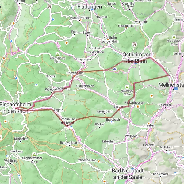 Map miniature of "Gravel Serenity: Exploring Rhön's Tranquil Landscapes" cycling inspiration in Unterfranken, Germany. Generated by Tarmacs.app cycling route planner