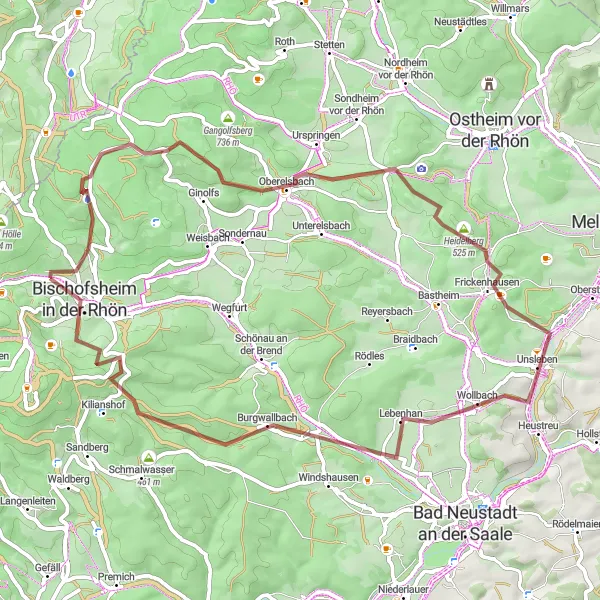 Map miniature of "Thrilling Gravel Challenge: Conquering Rhön's Heights" cycling inspiration in Unterfranken, Germany. Generated by Tarmacs.app cycling route planner