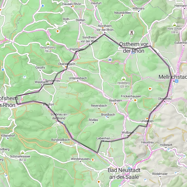 Karten-Miniaturansicht der Radinspiration "Wunderschöne Rhön-Tour" in Unterfranken, Germany. Erstellt vom Tarmacs.app-Routenplaner für Radtouren