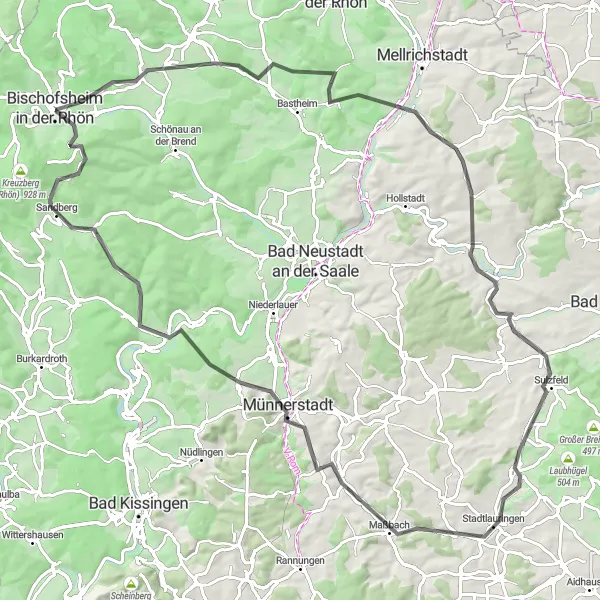 Map miniature of "Road Cycling Odyssey: Discovering the Wonders of Rhön" cycling inspiration in Unterfranken, Germany. Generated by Tarmacs.app cycling route planner