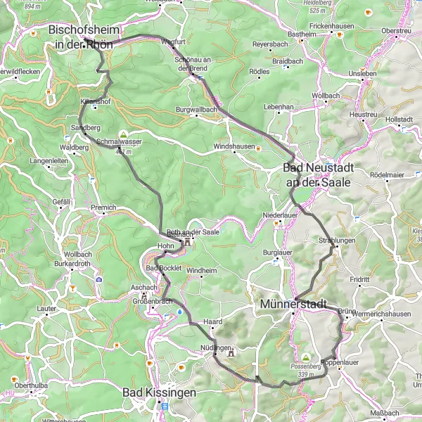Map miniature of "Rhön Road Cycling Adventure" cycling inspiration in Unterfranken, Germany. Generated by Tarmacs.app cycling route planner