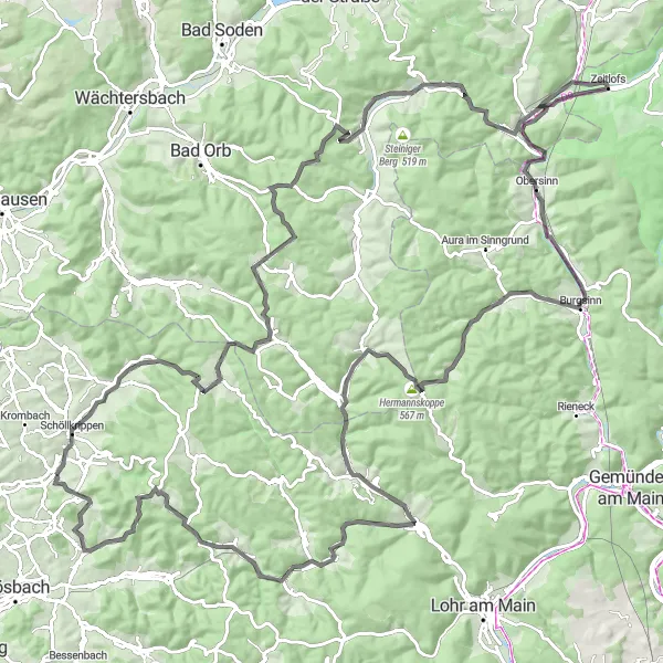 Map miniature of "Exploring Varying Terrain" cycling inspiration in Unterfranken, Germany. Generated by Tarmacs.app cycling route planner