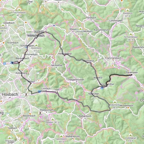 Map miniature of "Captivating Hills and Tranquil Valleys" cycling inspiration in Unterfranken, Germany. Generated by Tarmacs.app cycling route planner