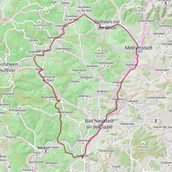 Karten-Miniaturansicht der Radinspiration "Gravel-Tour durch die Natur von Unterfranken" in Unterfranken, Germany. Erstellt vom Tarmacs.app-Routenplaner für Radtouren