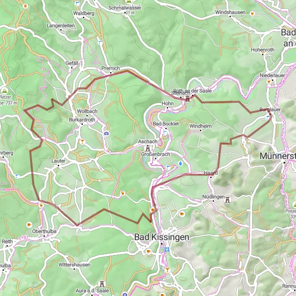 Karten-Miniaturansicht der Radinspiration "Gravelrunde durch die Natur um Burglauer" in Unterfranken, Germany. Erstellt vom Tarmacs.app-Routenplaner für Radtouren