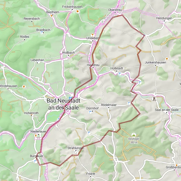 Map miniature of "Luitpold Höhe and Oberstreu Gravel Route" cycling inspiration in Unterfranken, Germany. Generated by Tarmacs.app cycling route planner