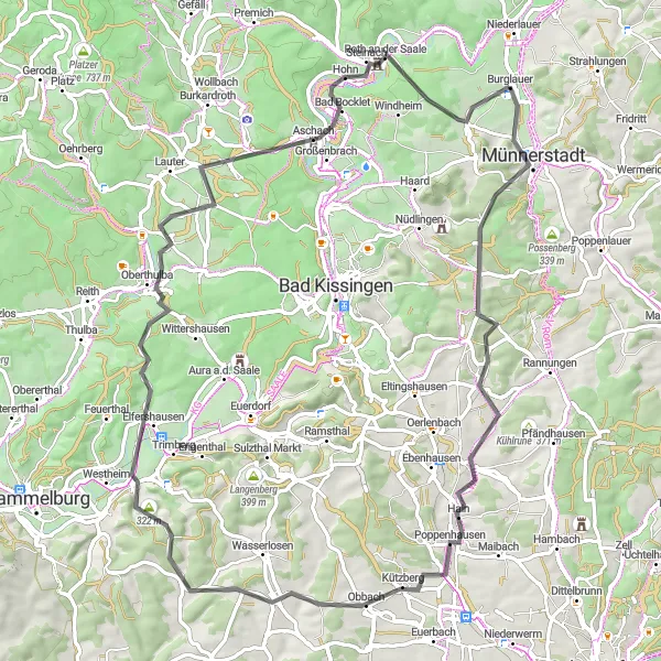 Map miniature of "The Hillside Explorer" cycling inspiration in Unterfranken, Germany. Generated by Tarmacs.app cycling route planner
