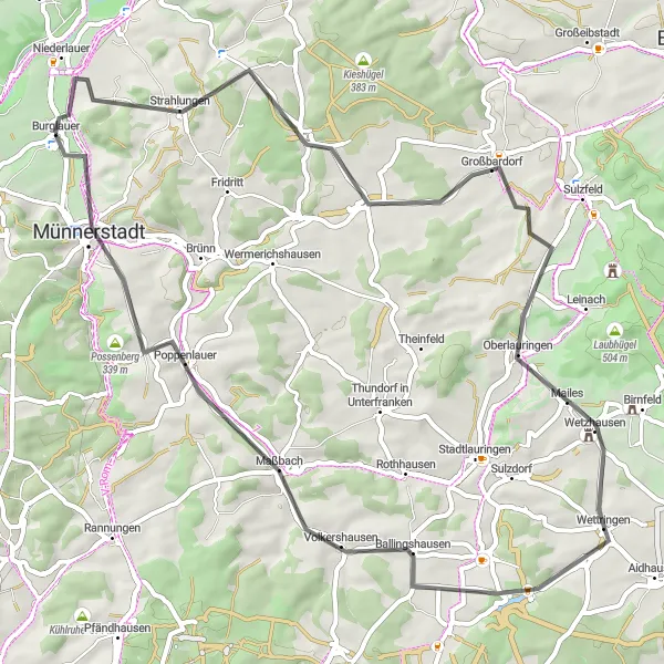 Map miniature of "Pleasant Ride Through Unterfranken" cycling inspiration in Unterfranken, Germany. Generated by Tarmacs.app cycling route planner