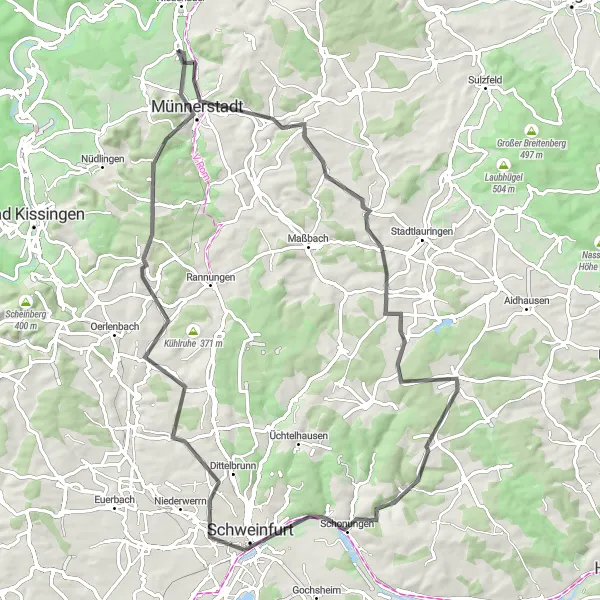 Map miniature of "Road Cycling Adventure through Unterfranken's Landscapes" cycling inspiration in Unterfranken, Germany. Generated by Tarmacs.app cycling route planner