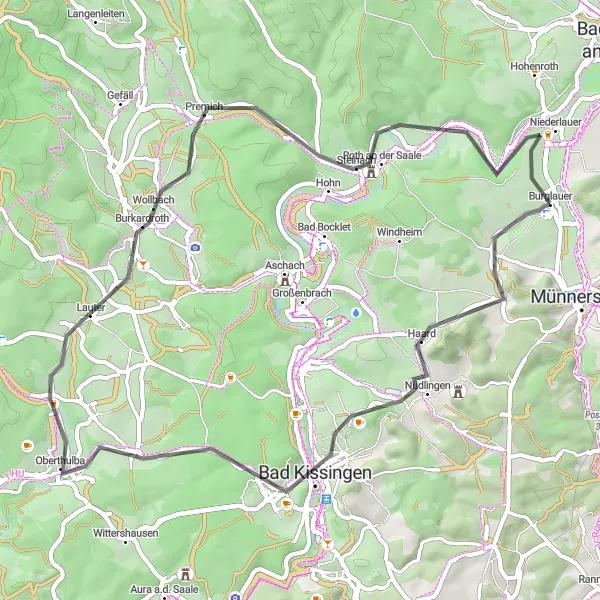Map miniature of "Scenic Road Cycling Route to Bad Kissingen" cycling inspiration in Unterfranken, Germany. Generated by Tarmacs.app cycling route planner
